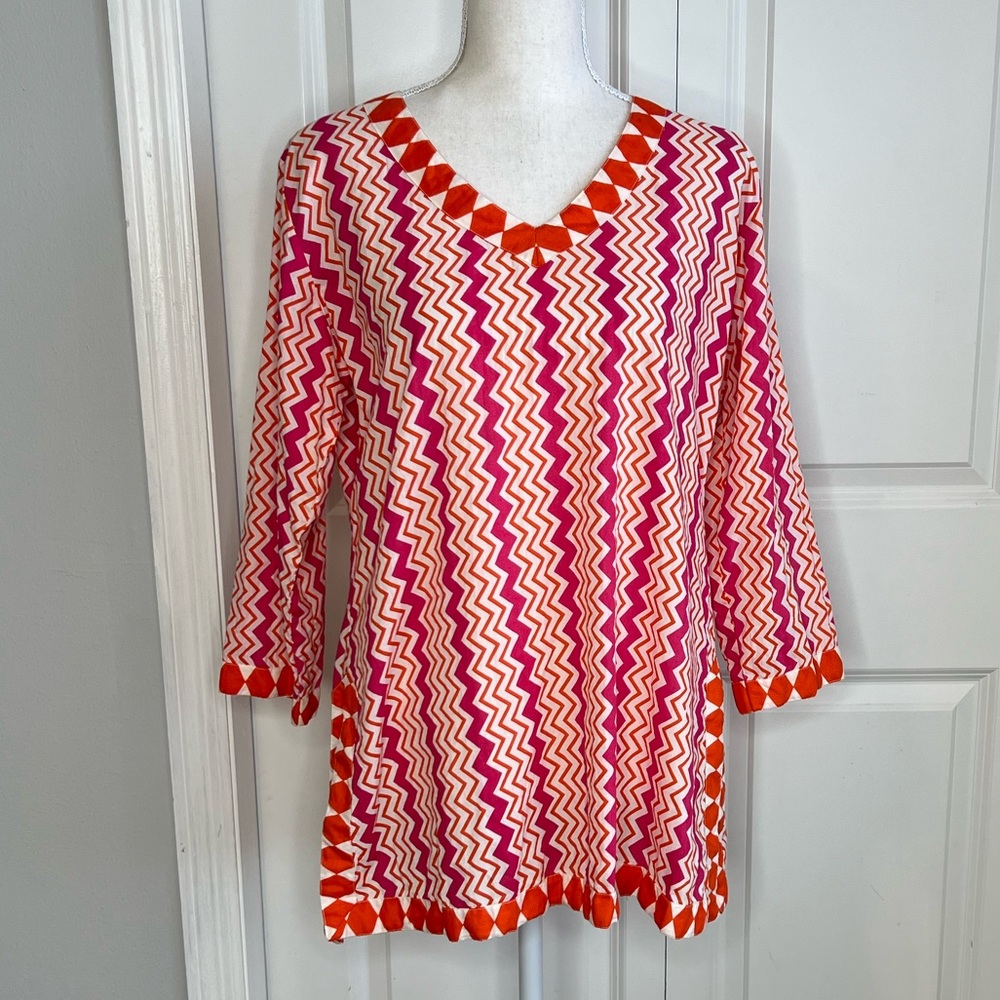Gretchen Scott Pink Orange Chevron Tunic Geometric Coverup 3/4 Sleeve Small